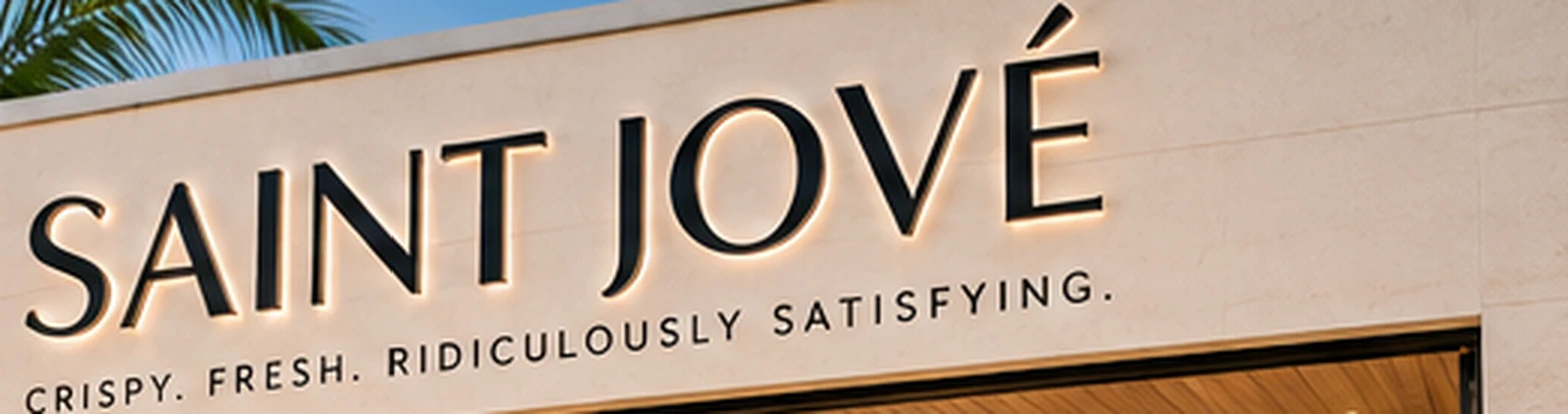 Saint Jové storefront lettering with the words Crispy. Fresh. Ridiculously Satisfying.